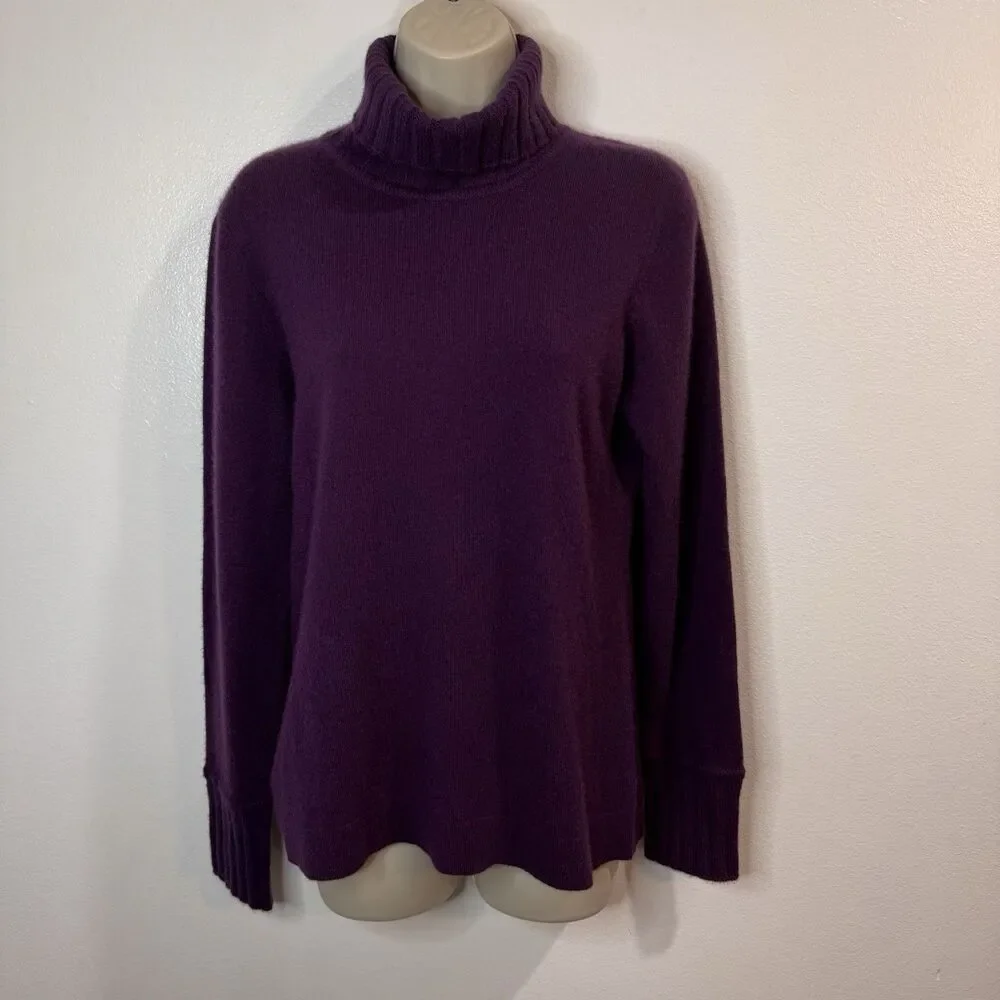 Kinross 100% Cashmere Sweater L Turtleneck Purple Soft Knit Ribbed Chic